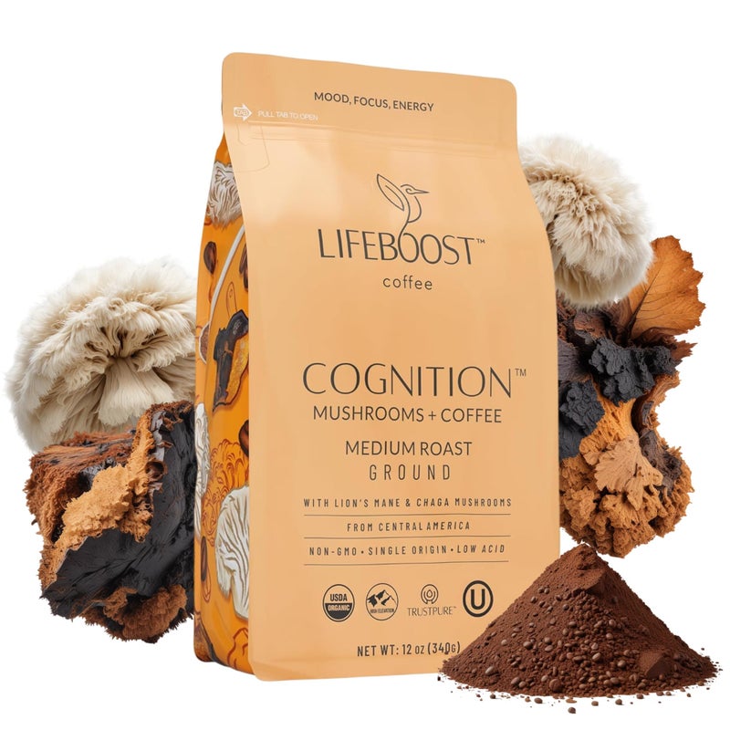 Lifeboost Cognition Adaptogenic Mushroom Coffee - Great Tasting Organic Lions Mane & Chaga Medium Roast Nootropic Coffee - Increase Energy, Boost Focus & Immune Support - 12 oz Bag - Ground - Image 1